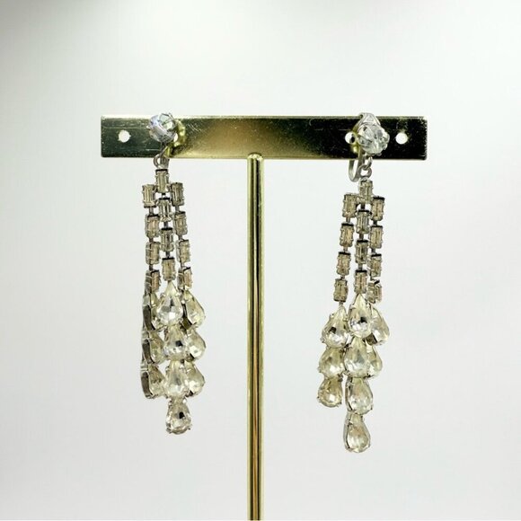 VINTAGE Dangle Earrings Crystal Drop Clip On Earrings - Picture 3 of 5